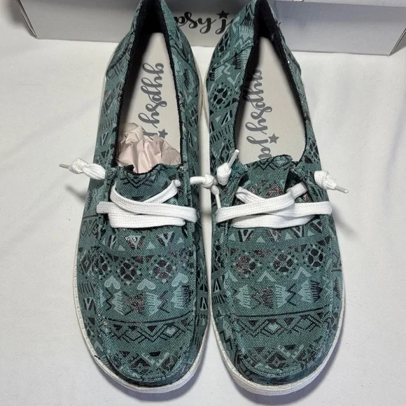 Gypsy Jazz Teal Geometric Slip-Ons - Picture 2 of 4
